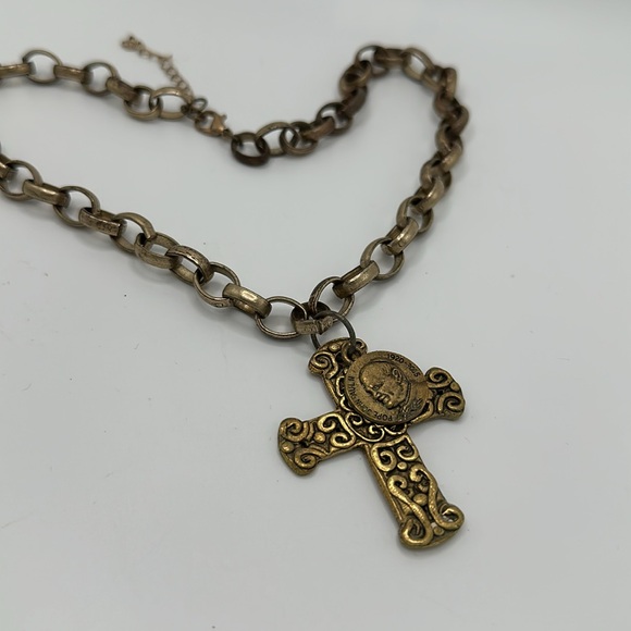 Boho brass chain with cross and pope John Paul ll medallion necklace - Picture 2 of 4
